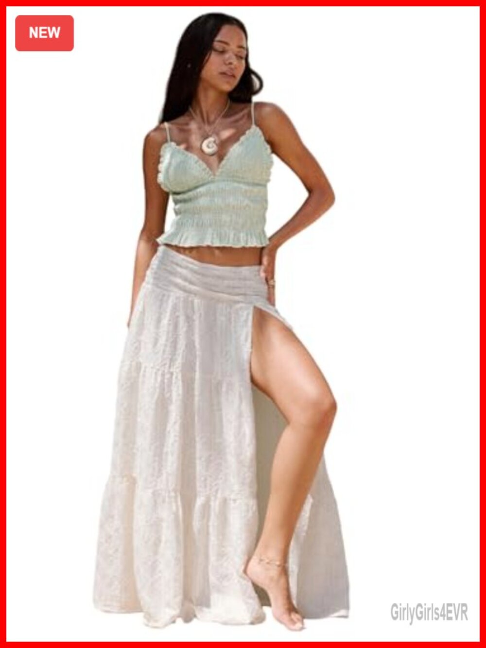 Embroidered Maxi Skirt High Split Textured Lined Casual